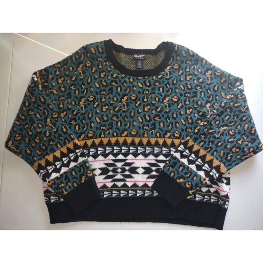 Wrangler Retro Womens Leopard Southwestern Mix Knit Sweater Teal Black L